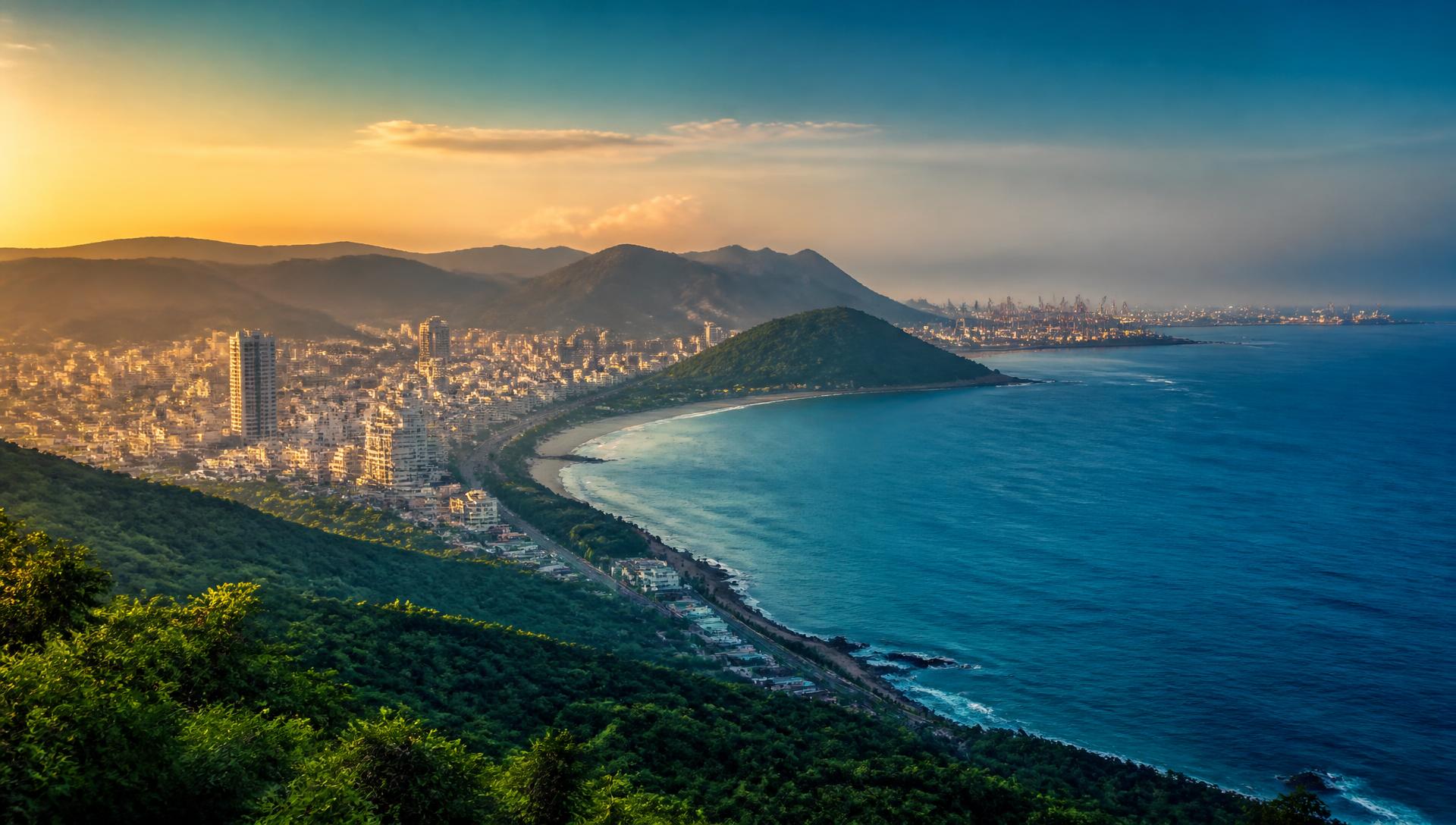 Visakhapatnam coastline where the Eastern Ghats meet the Bay of Bengal, with the city skyline beyond